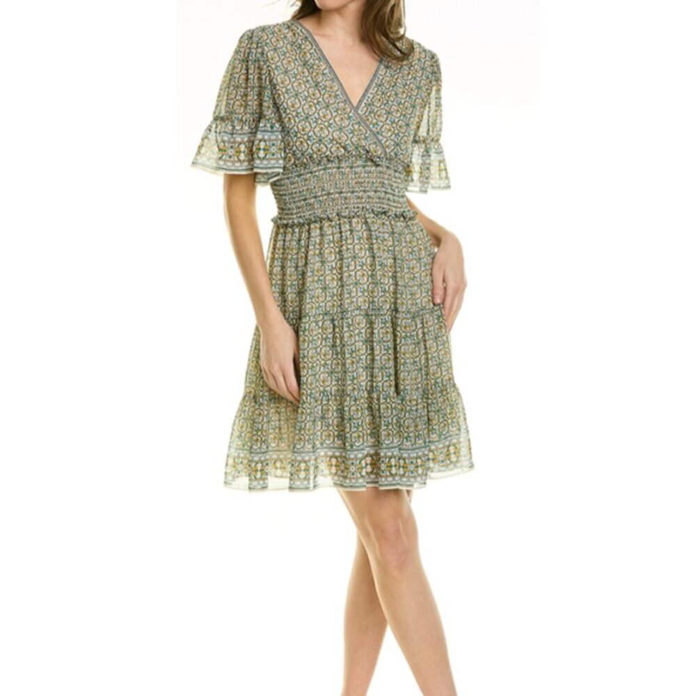 Max Studio Short Sleeve Tiered Cream and Green Fleur-de-lis Patterned Dress Med